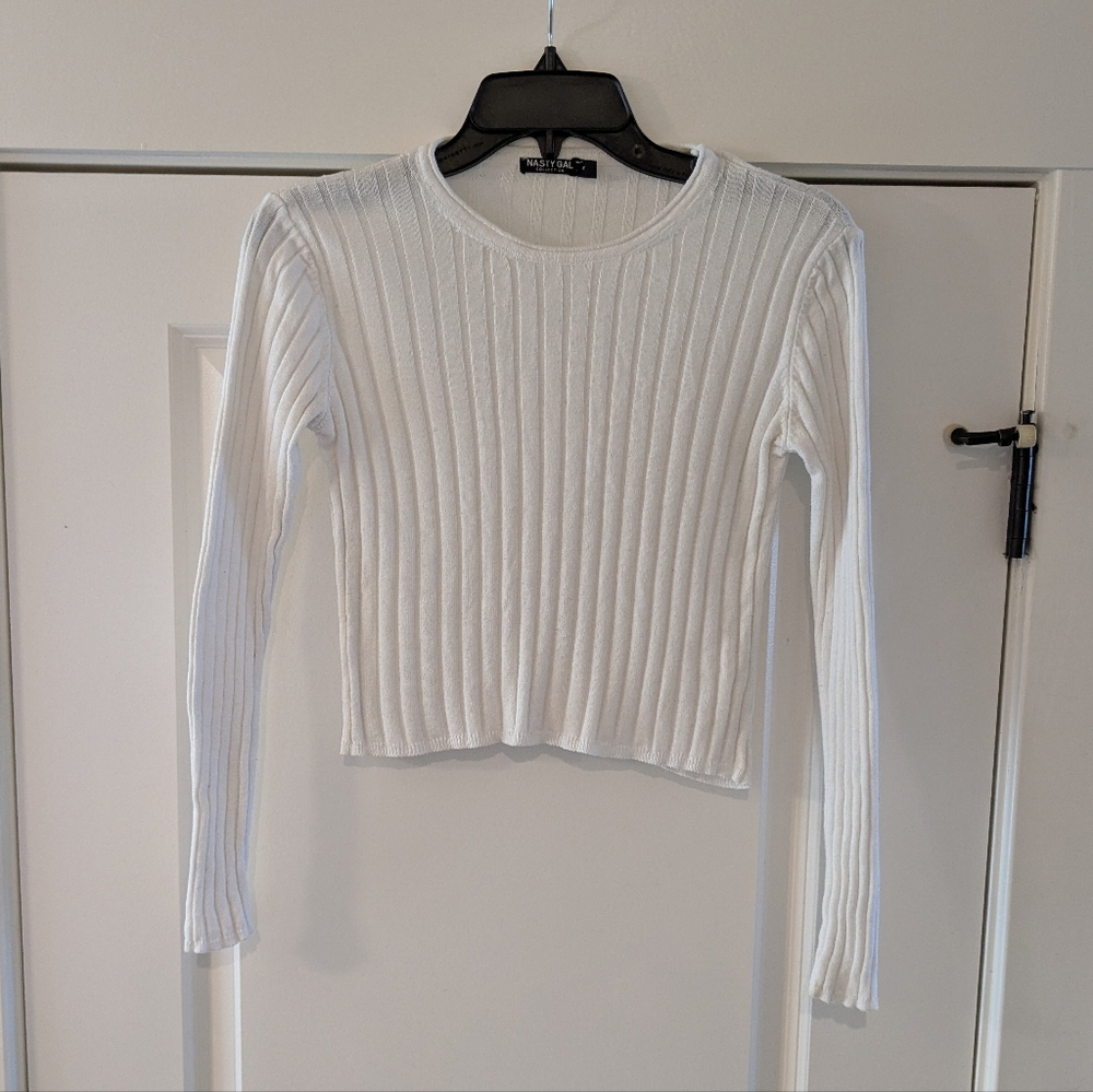 Nasty Gal White Ribbed Long Sleeve Top, Size S